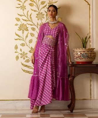 Purple Printed Cut-Out Dress With Organza Shrug 1