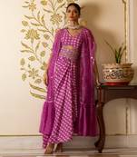 Purple Printed Cut-Out Dress With Organza Shrug