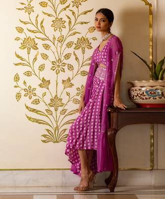 Purple Printed Cut-Out Dress With Organza Shrug 2