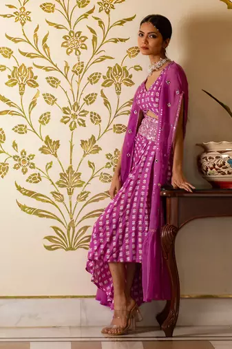 Purple Printed Cut-Out Dress With Organza Shrug