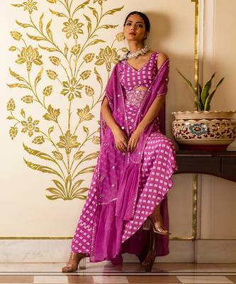 Purple Printed Cut-Out Dress With Organza Shrug 3