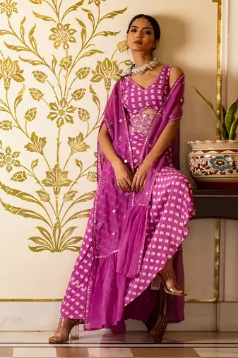Purple Printed Cut-Out Dress With Organza Shrug