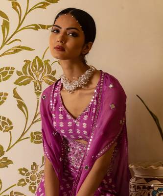 Purple Printed Cut-Out Dress With Organza Shrug 4