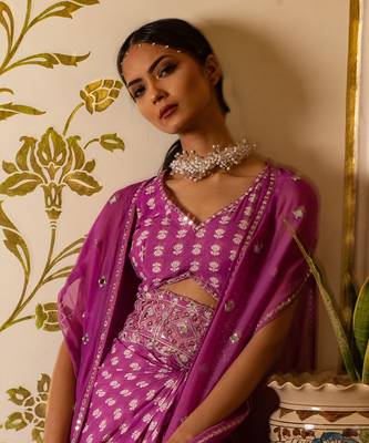 Purple Printed Cut-Out Dress With Organza Shrug 5