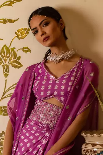 Purple Printed Cut-Out Dress With Organza Shrug