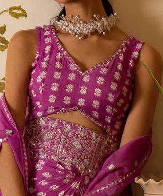 Purple Printed Cut-Out Dress With Organza Shrug 6