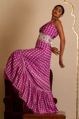 Purple Printed One Shoulder Long Dress