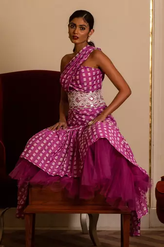 Purple Printed One Shoulder Long Dress