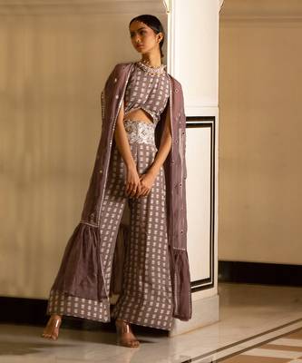 Grey Printed Jumpsuit With Organza Shrug 1