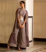 Grey Printed Jumpsuit With Organza Shrug