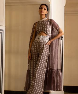 Grey Printed Jumpsuit With Organza Shrug 2