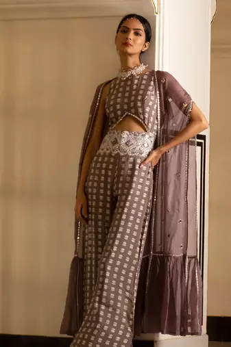 Grey Printed Jumpsuit With Organza Shrug