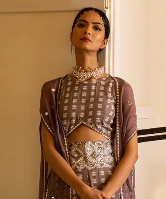 Grey Printed Jumpsuit With Organza Shrug 3