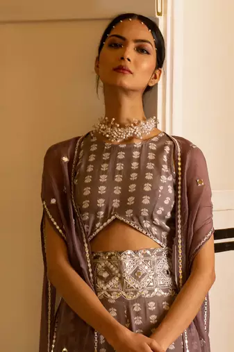 Grey Printed Jumpsuit With Organza Shrug