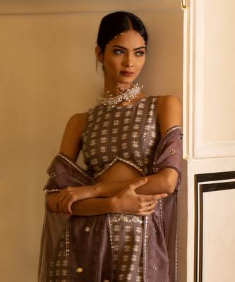 Grey Printed Jumpsuit With Organza Shrug 4