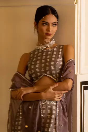 Grey Printed Jumpsuit With Organza Shrug