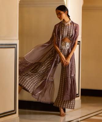 Grey Printed Jumpsuit With Organza Shrug 6