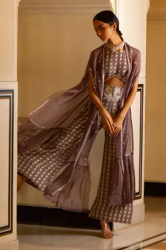 Grey Printed Jumpsuit With Organza Shrug