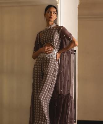 Grey Printed Jumpsuit With Organza Shrug 7