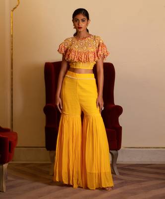 Yellow Sharara Set With Cape 1
