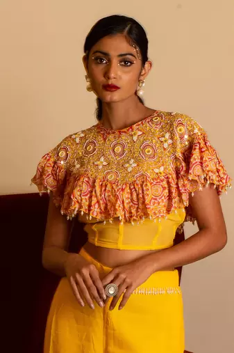 Yellow Sharara Set With Cape