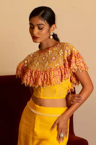Yellow Sharara Set With Cape
