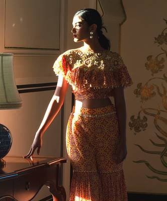 Yellow Printed Sharara Set With Cape 1