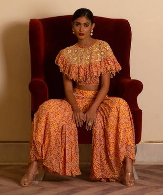 Yellow Printed Sharara Set With Cape 2