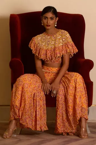 Yellow Printed Sharara Set With Cape