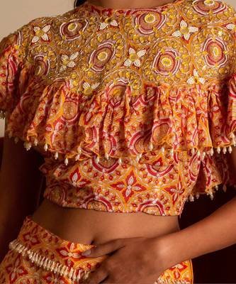 Yellow Printed Sharara Set With Cape 3