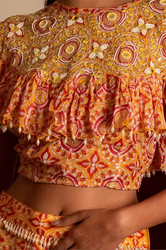 Yellow Printed Sharara Set With Cape