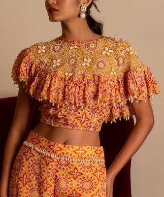 Yellow Printed Sharara Set With Cape 4