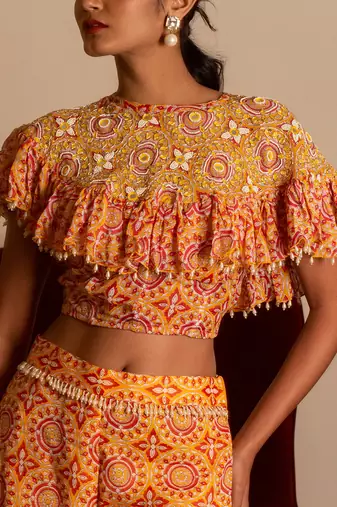 Yellow Printed Sharara Set With Cape