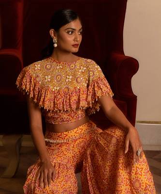 Yellow Printed Sharara Set With Cape 5