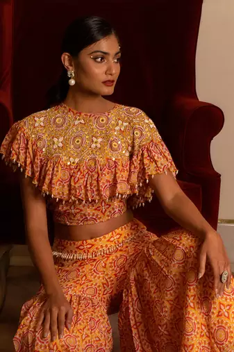 Yellow Printed Sharara Set With Cape