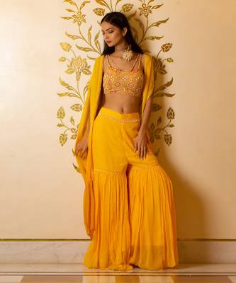 Yellow Sharara Set With Shrug 1