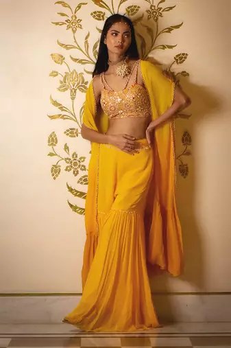 Yellow Sharara Set With Shrug