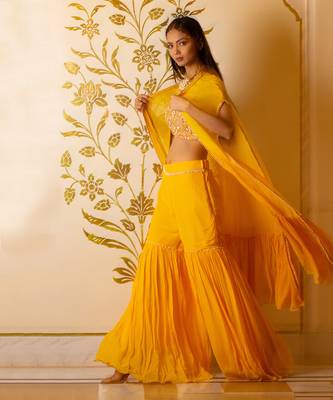 Yellow Sharara Set With Shrug 3