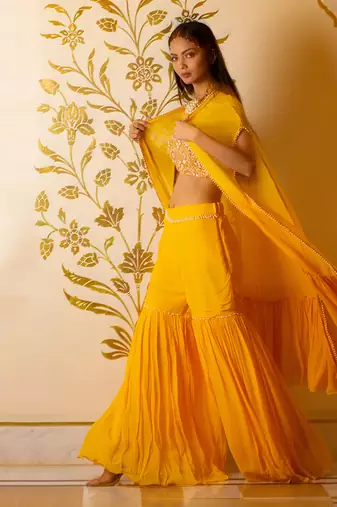 Yellow Sharara Set With Shrug