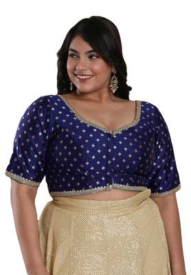 Salwar Studio Women's Navy Blue Brocade Readymade Saree Blouse 1