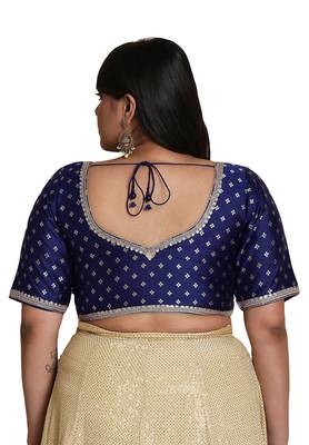 Salwar Studio Women's Navy Blue Brocade Readymade Saree Blouse 2