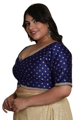Salwar Studio Women's Navy Blue Brocade Readymade Saree Blouse 3