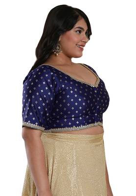 Salwar Studio Women's Navy Blue Brocade Readymade Saree Blouse 4