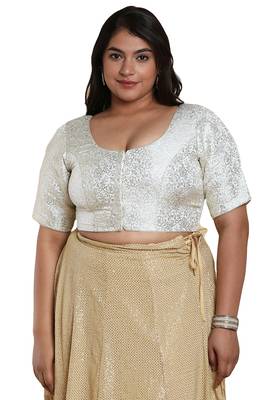 Salwar Studio Women's Off White Brocade Readymade Saree Blouse 1