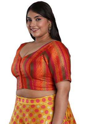 Salwar Studio Women's Red Multi Brocade Readymade Saree Blouse 3