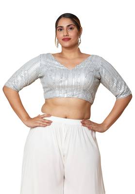 Salwar Studio Women's Silver Silk Blend Readymade Saree Blouse 1