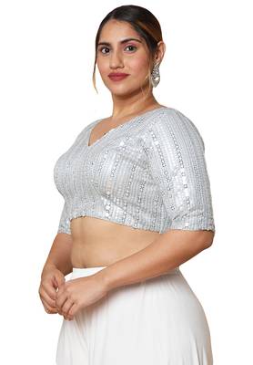 Salwar Studio Women's Silver Silk Blend Readymade Saree Blouse 3