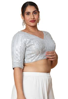 Salwar Studio Women's Silver Silk Blend Readymade Saree Blouse 4