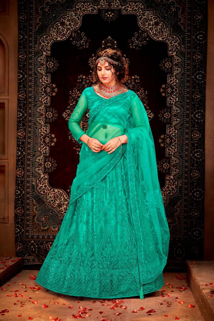 Teal Green Net Embroidered Semi Stitched Lehenga