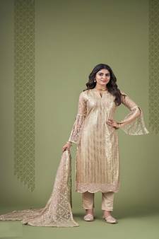 Beige Colour Girlish Salwaar Kameez In Net Fabric